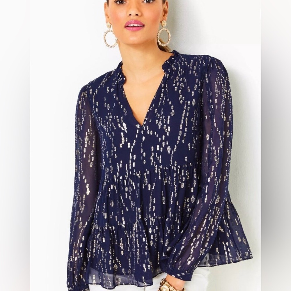 Lilly Pulitzer Women's Sarita Long Sleeve Silk Metallic Baby Doll Top Size 10